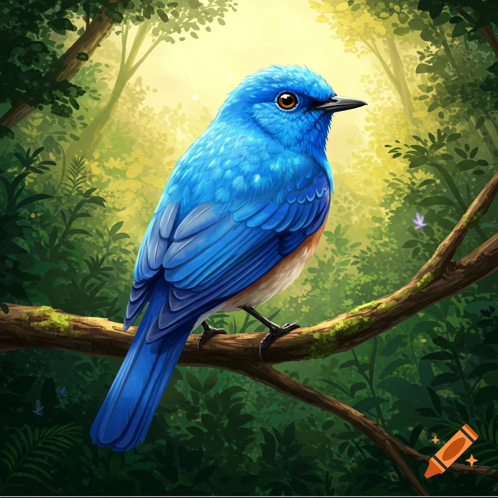A bright blue bird perches on a mossy branch in a sun-dappled forest clearing.