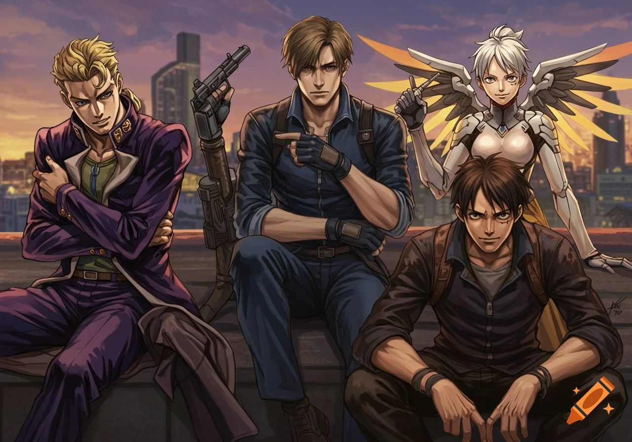 Four characters on a rooftop at sunset: a man in purple, a man pointing while holding a rifle, a winged woman, and a man in dark clothes.