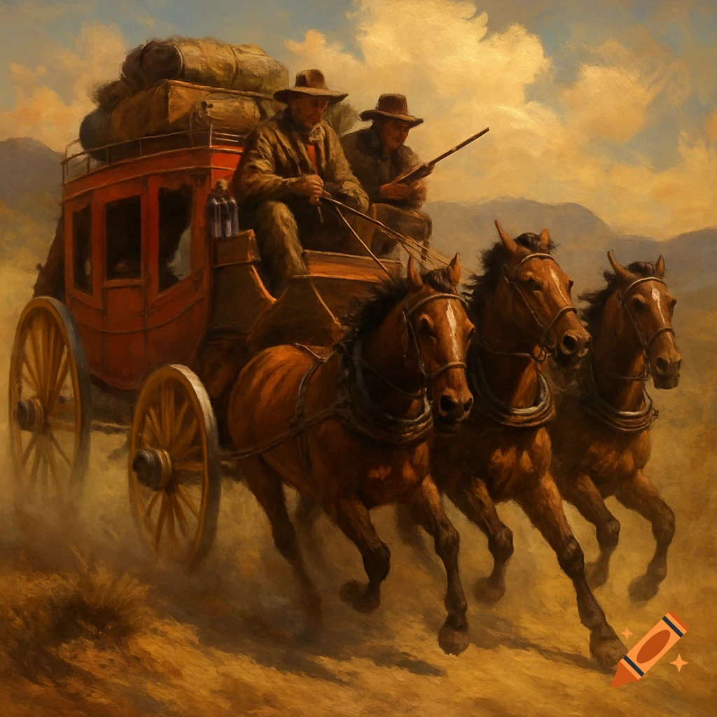 A stagecoach pulled by three horses, with two people riding on top, in a dusty landscape.