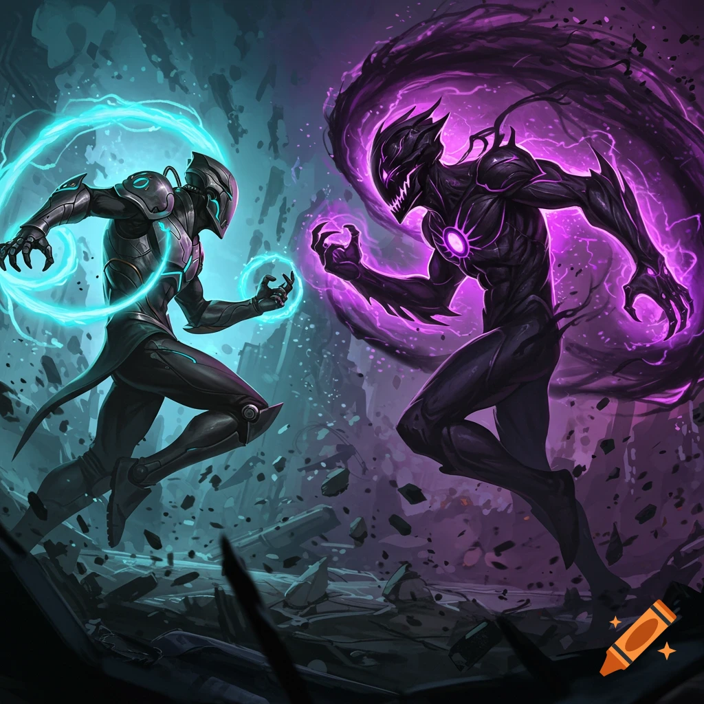 Two stylized figures, one blue-lit armored figure and one purple-lit shadowy monster, face off.