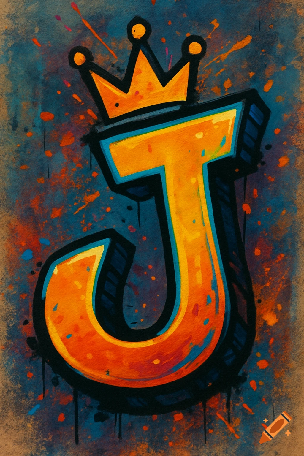 The letter J with a crown in graffiti style with paint splatters.