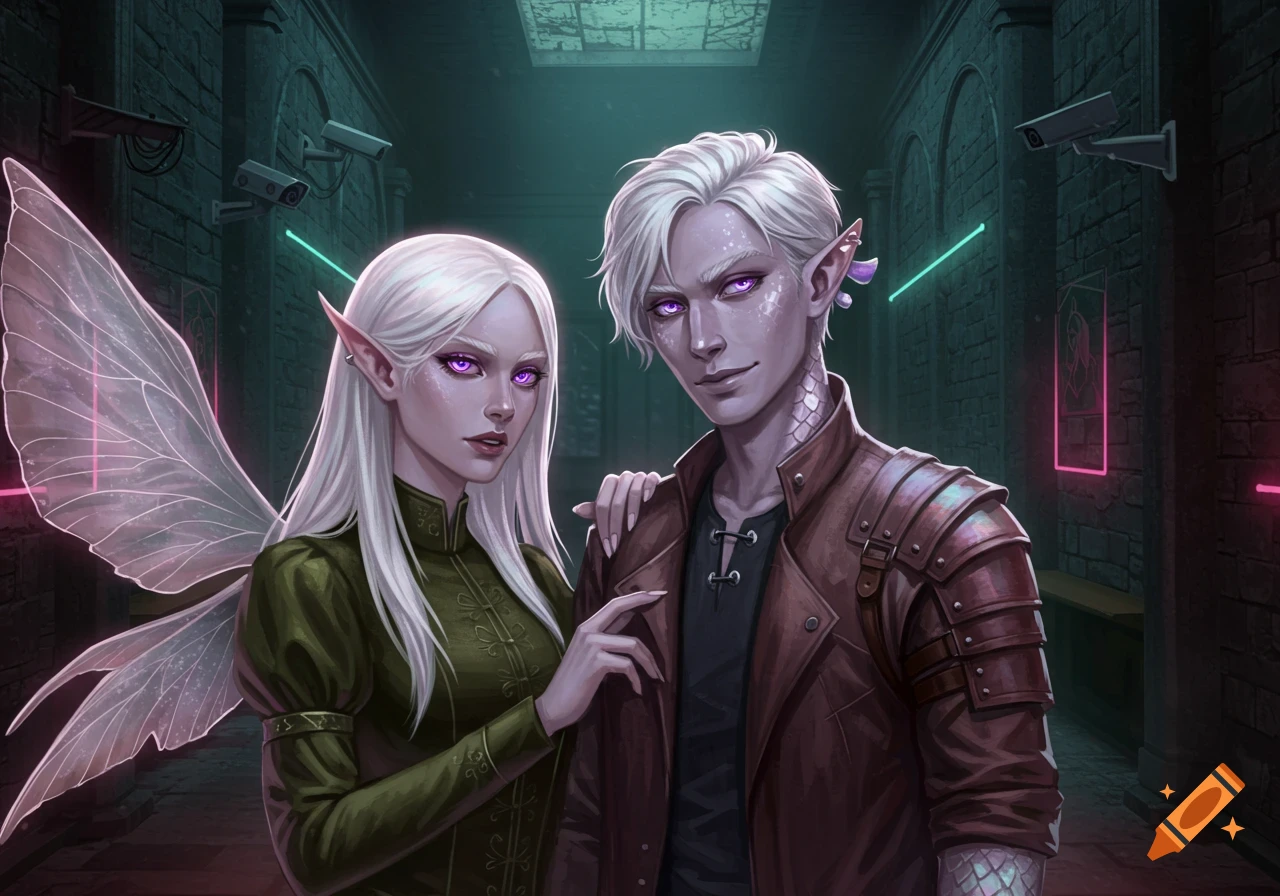 a male and female elf/fae in a dystopian corridor with neon lights and surveillance cameras