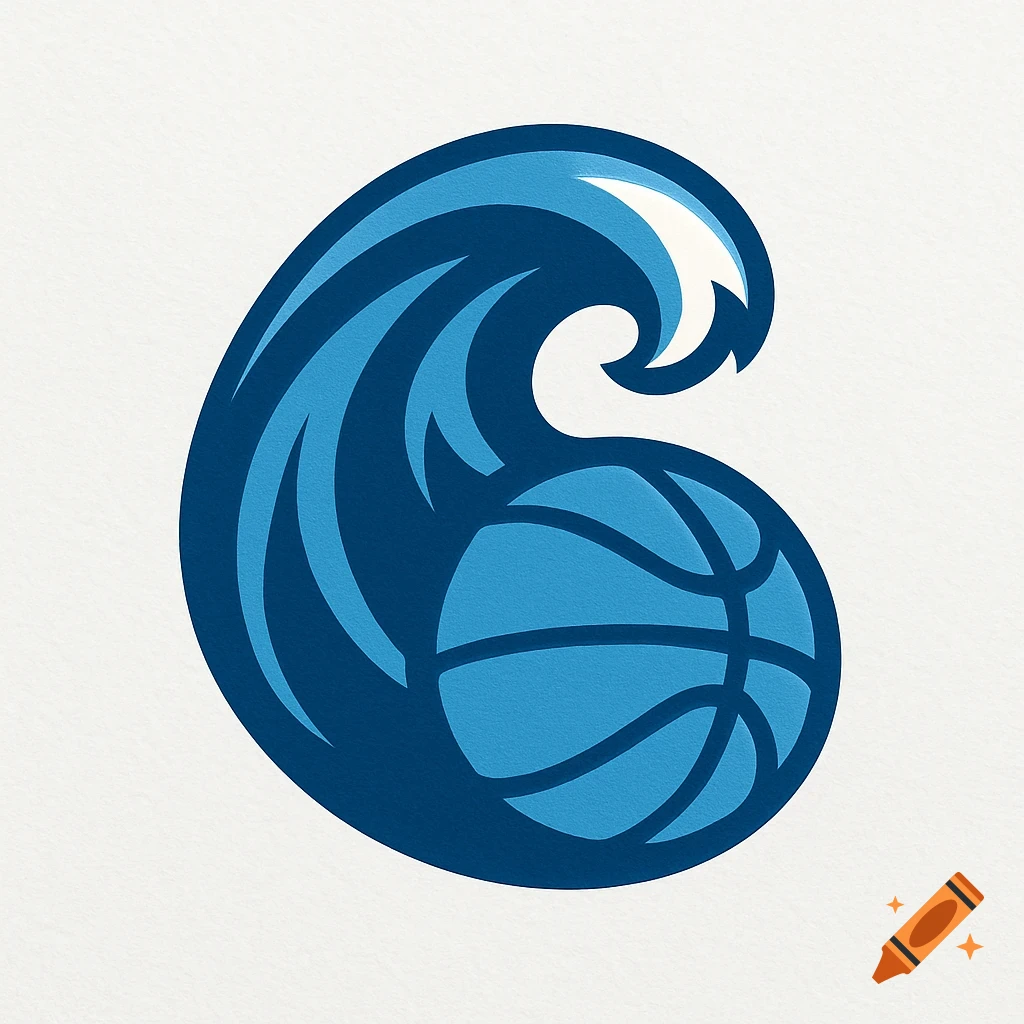 A blue sports logo showing a wave and a basketball combined.