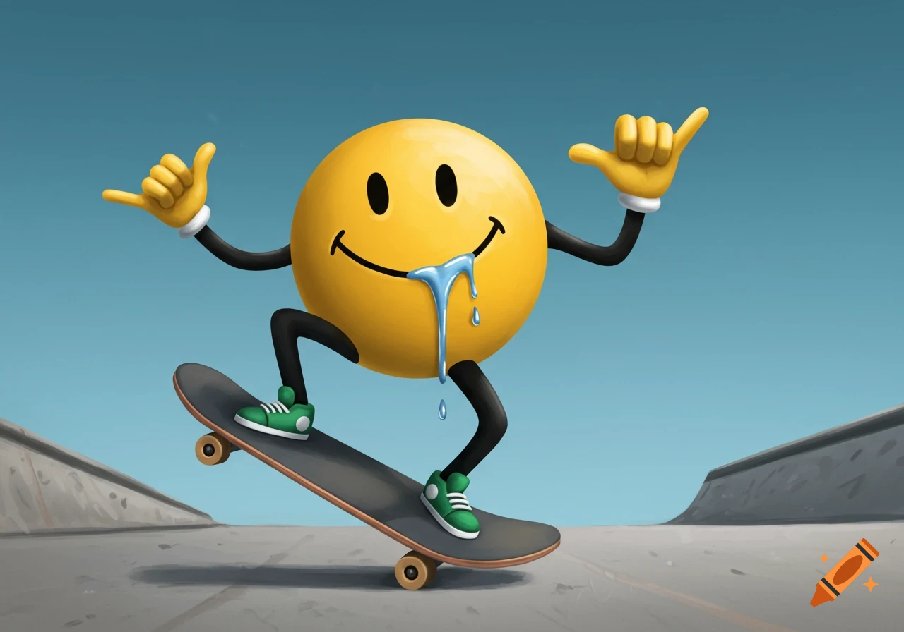 A drooling cartoon smiley face character on a skateboard doing a hang loose sign against a blue sky.