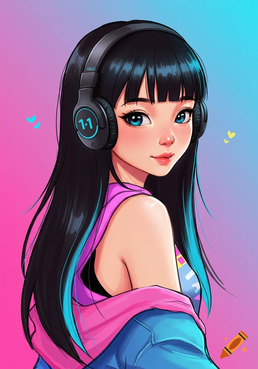 A manga style portrait of a girl with black hair, blue highlights, and headphones, looking over her shoulder.