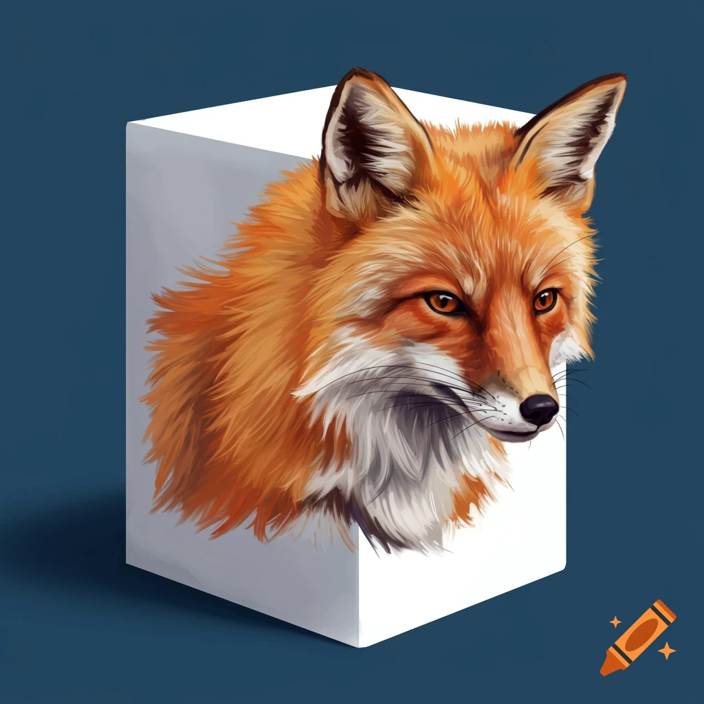 A fox head emerging from a white cube