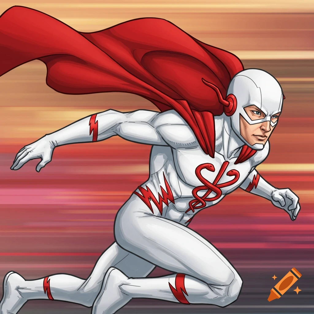A speedster superhero in a white suit with red accents and cape, running.