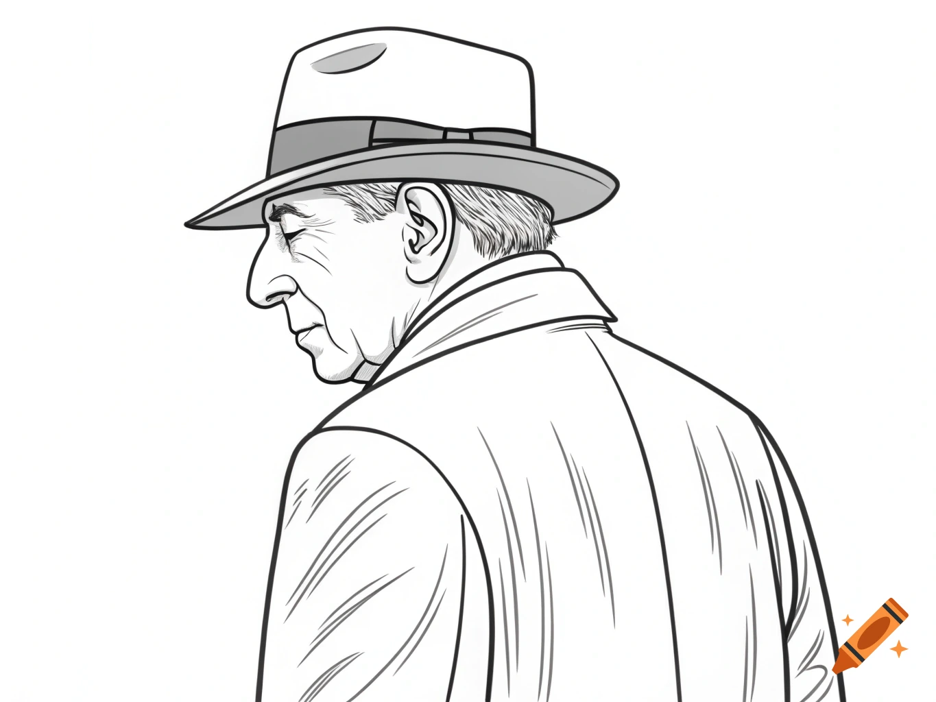 Line drawing of a man in a hat and coat viewed from behind.