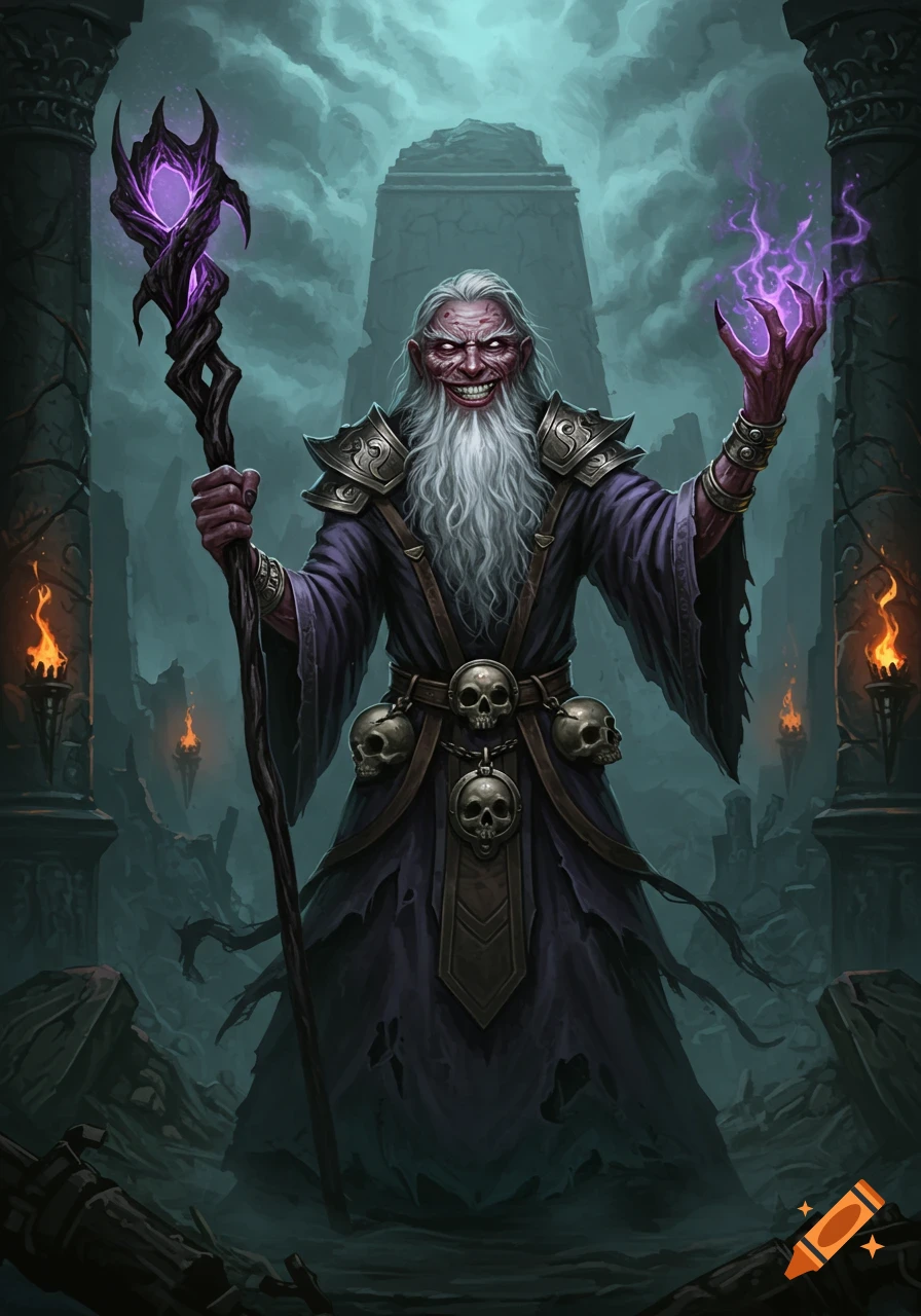 A dark fantasy wizard with a staff and glowing hand, standing in ancient ruins with skulls.