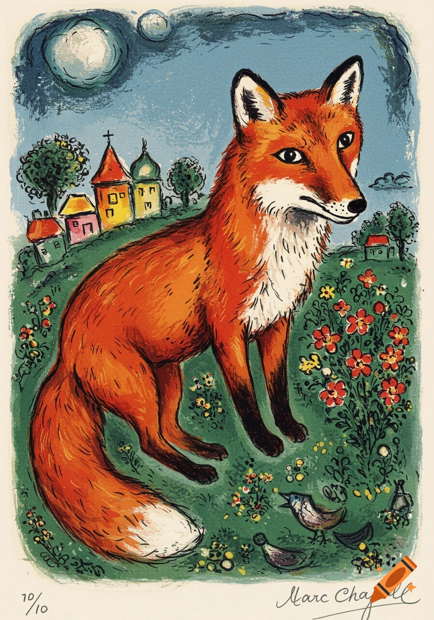 Illustration of a fox in a field with birds, flowers, and buildings in the style of Marc Chagall.