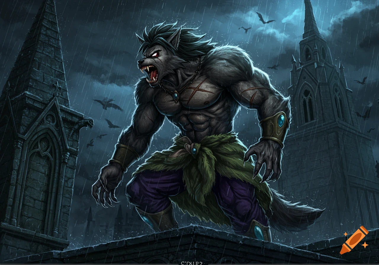 A powerful werewolf stands on a rainy gothic rooftop.