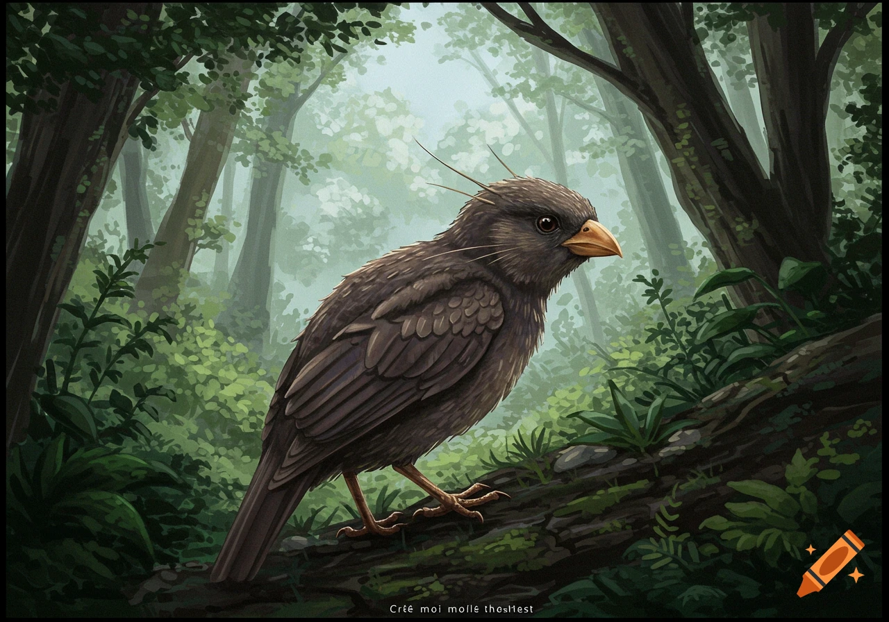 A dark brown bird perched on a log in a forest.