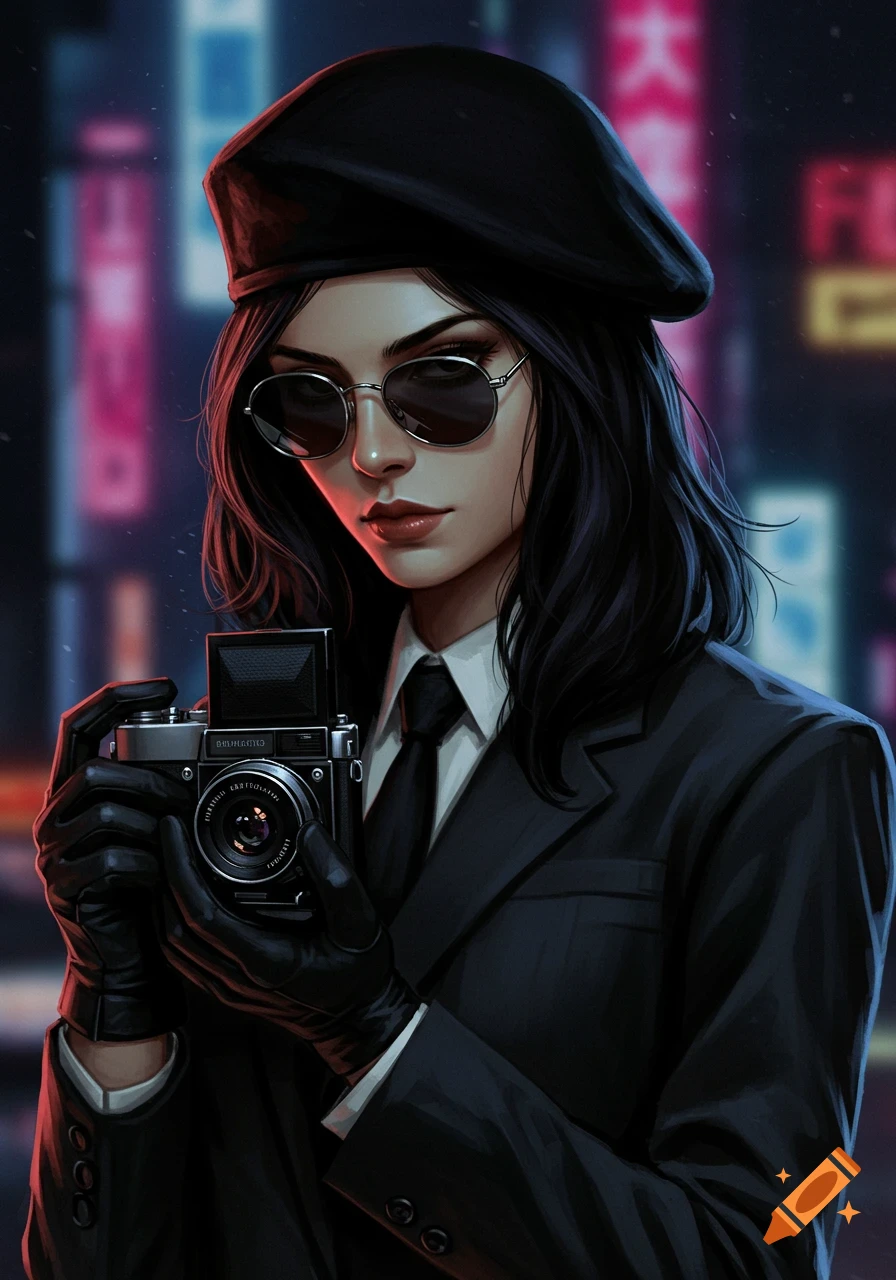 A woman in a suit, beret, and sunglasses holds a camera in a neon-lit city at night.