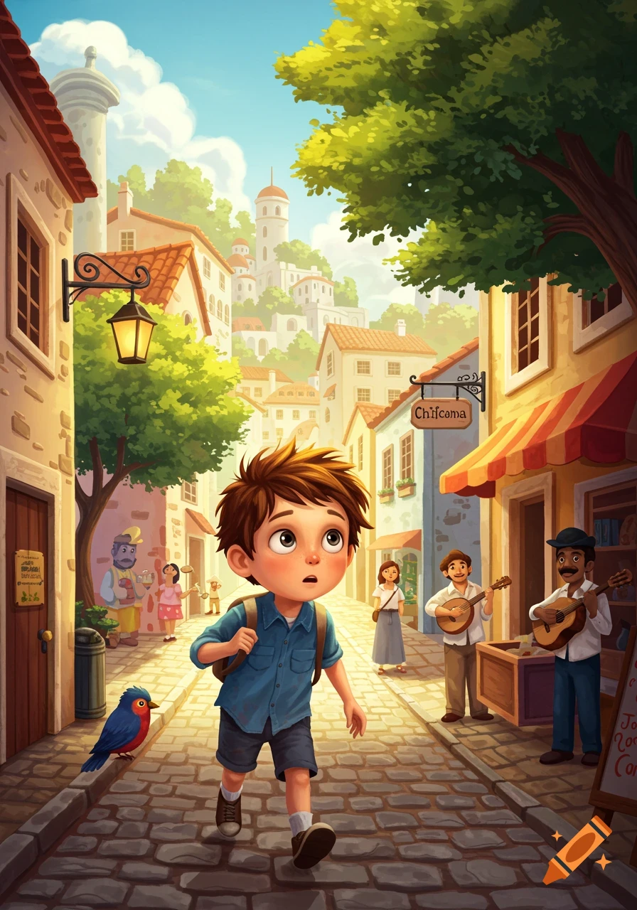 Whimsical storybook image of a young boy exploring a sunny town street with a bird and musicians.