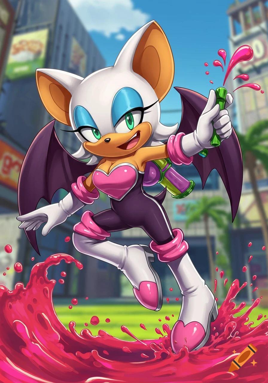 Rouge the Bat from Sonic the Hedgehog dressed as a Splatoon Inkling splashes pink ink from a squirt gun in a city street.