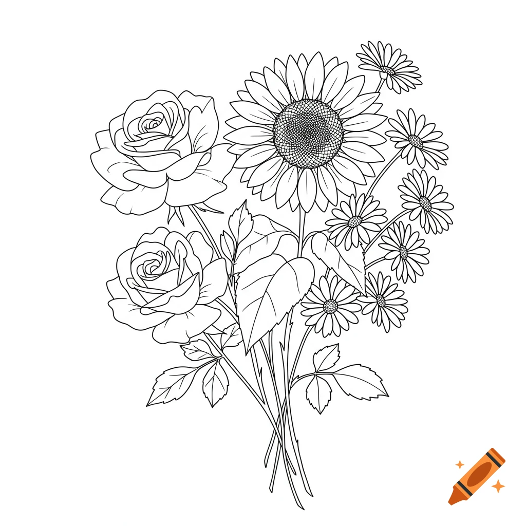 Outline drawing of a bouquet with roses, a sunflower, and daisies.