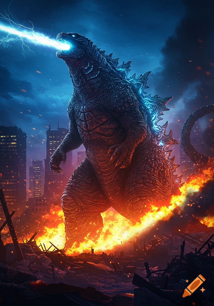 Godzilla breathing blue atomic breath amidst fire and destruction in a city.