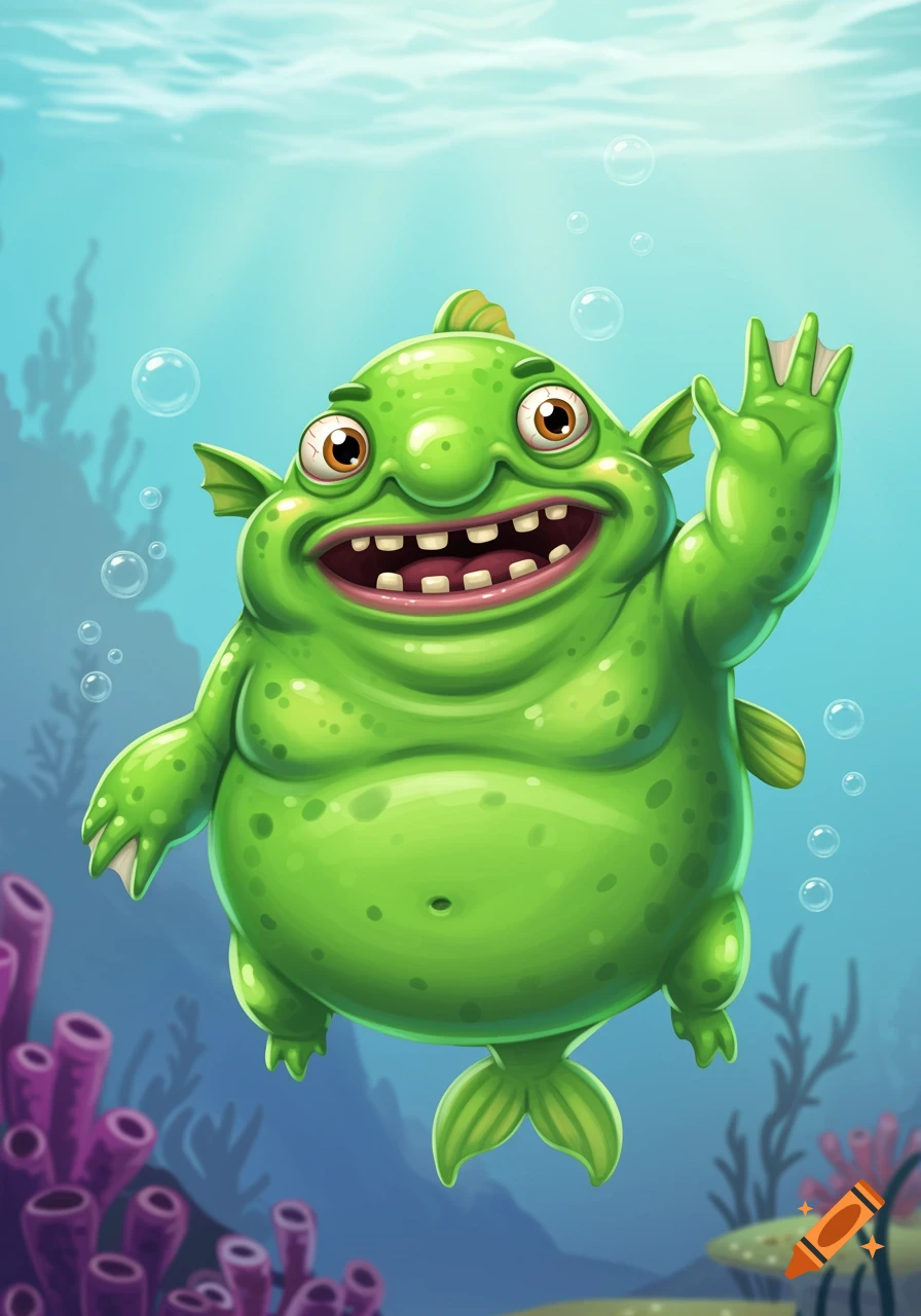 A whimsical, cartoon-style green fish creature with large eyes and a wide grin waves underwater.