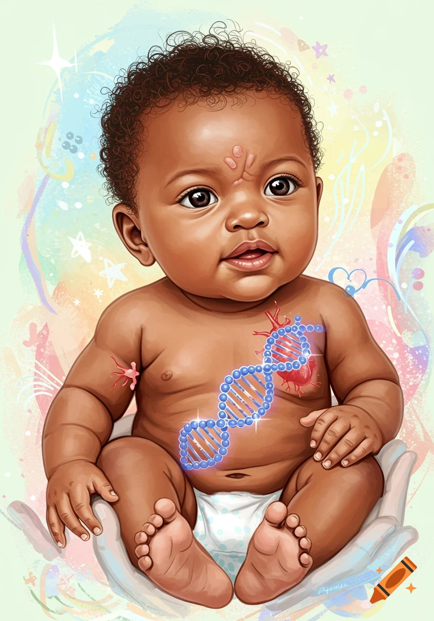 A baby is shown with a glowing DNA helix and heart graphic, set against a colorful, sparkling background.