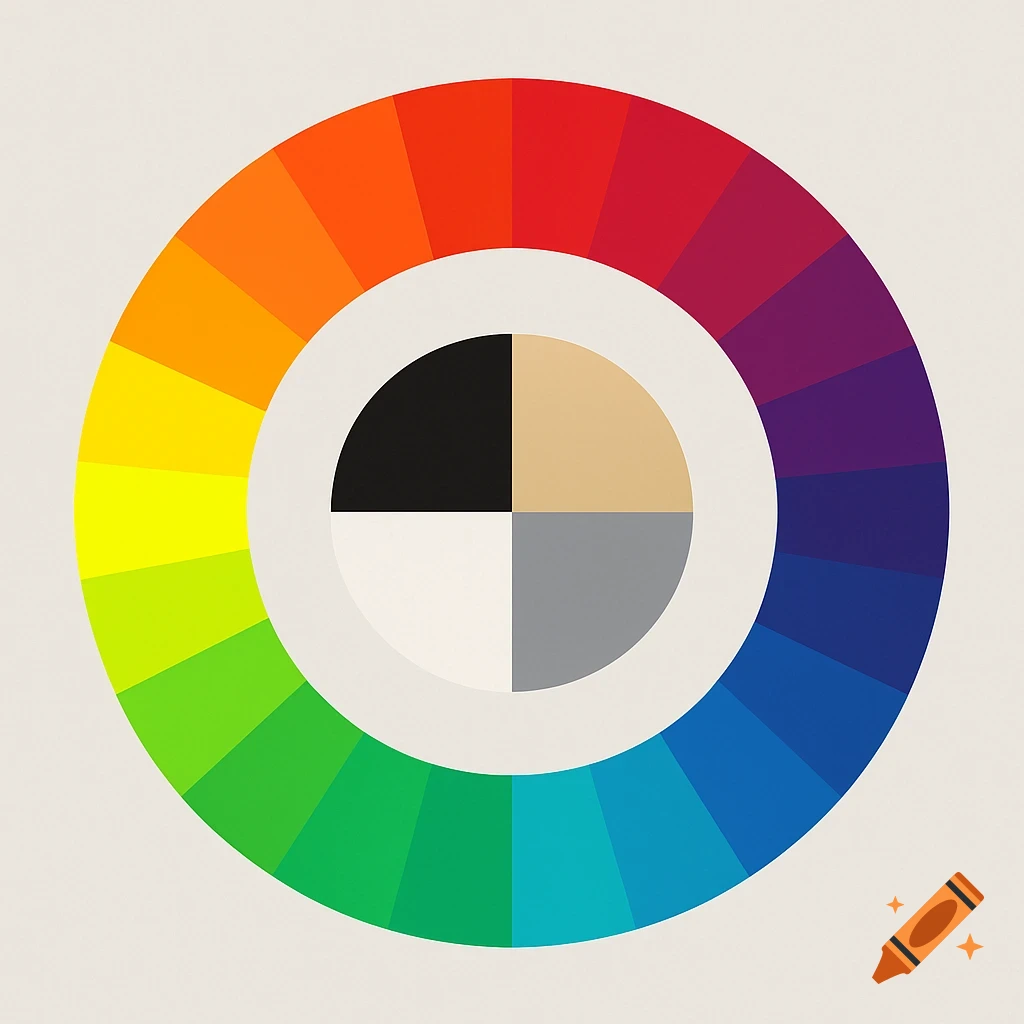 A color wheel with segments showing the spectrum of colors, and a central circle divided into four quadrants of black, tan, white, and grey.