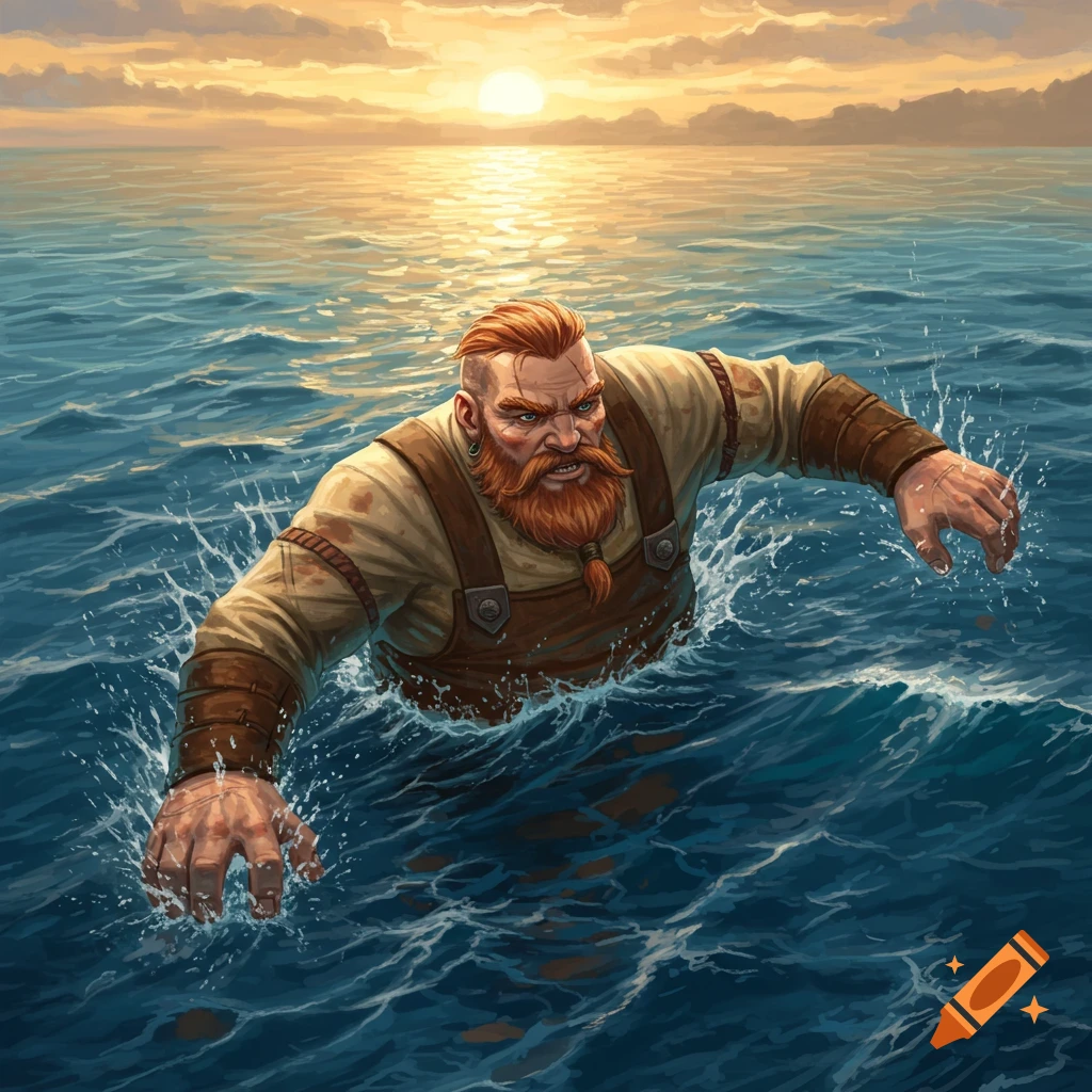 A large man with a red beard swims in the ocean at sunset.