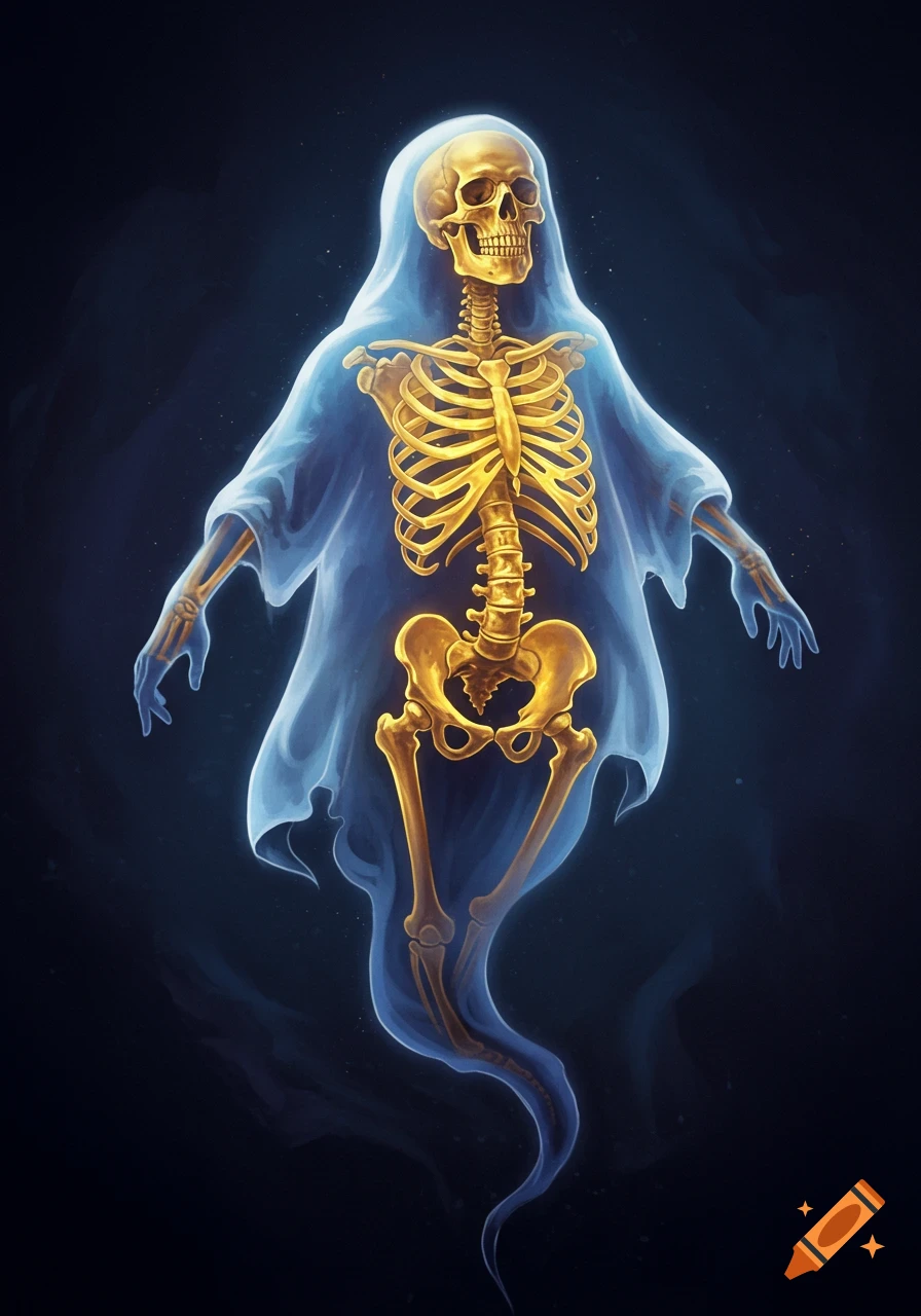 A ghost with a golden skeleton visible inside