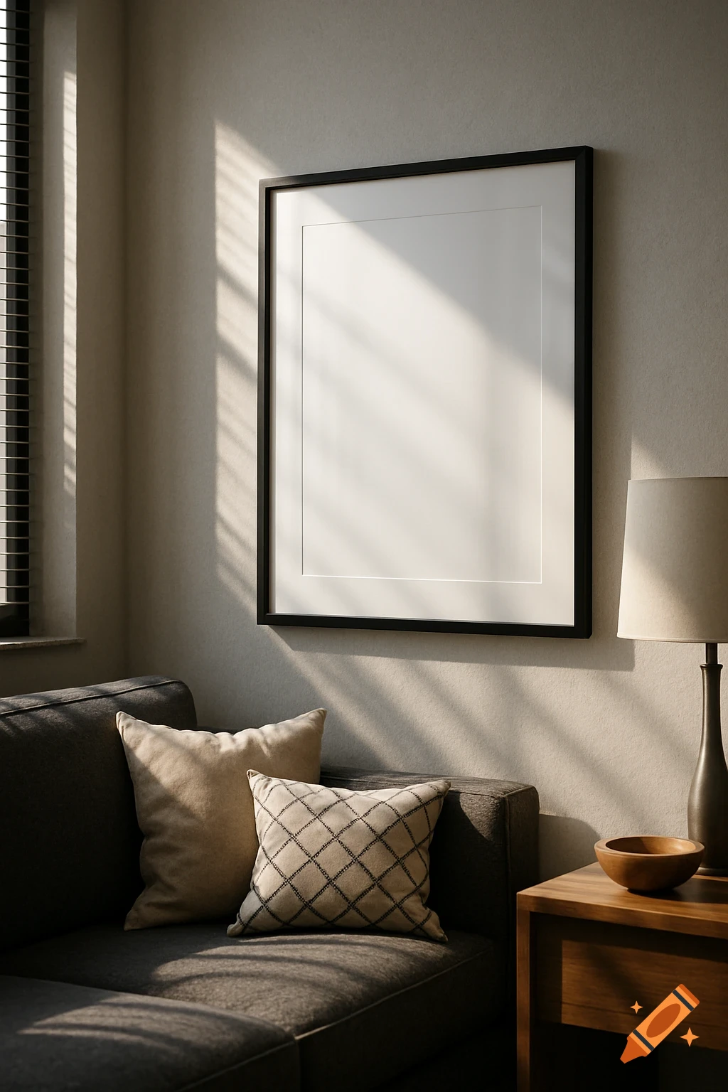 Modern living room with sofa, side table, lamp, and large blank framed poster on wall, sunlight streaming through blinds.