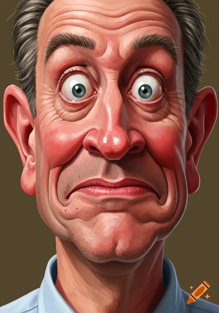 A close-up, cartoonish image of a man with wide eyes and a confused expression.
