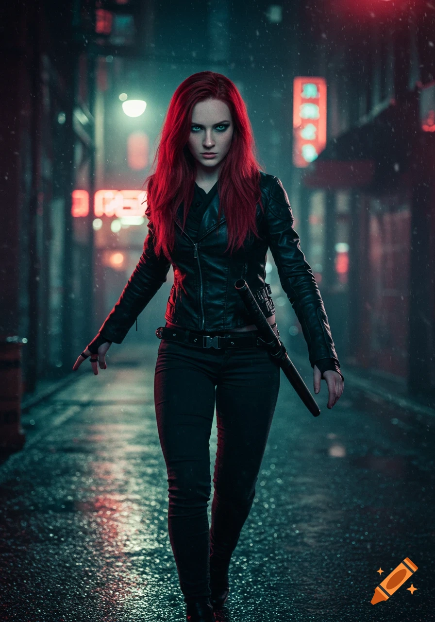 A woman with red hair and green eyes in a leather jacket stands in a rainy urban alleyway at night, holding a sword. Photorealistic style.