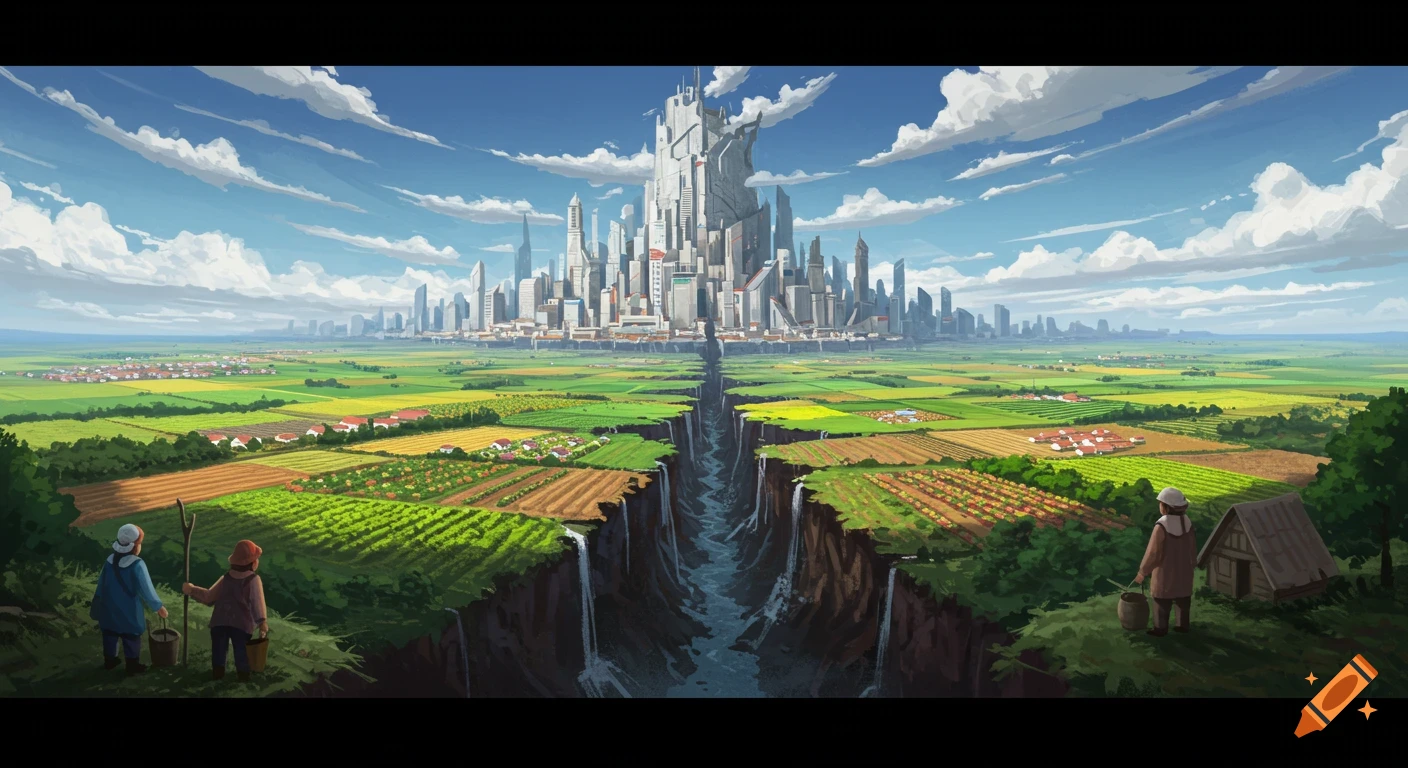 A futuristic city expands into farmland as farmers watch from a chasm's edge.