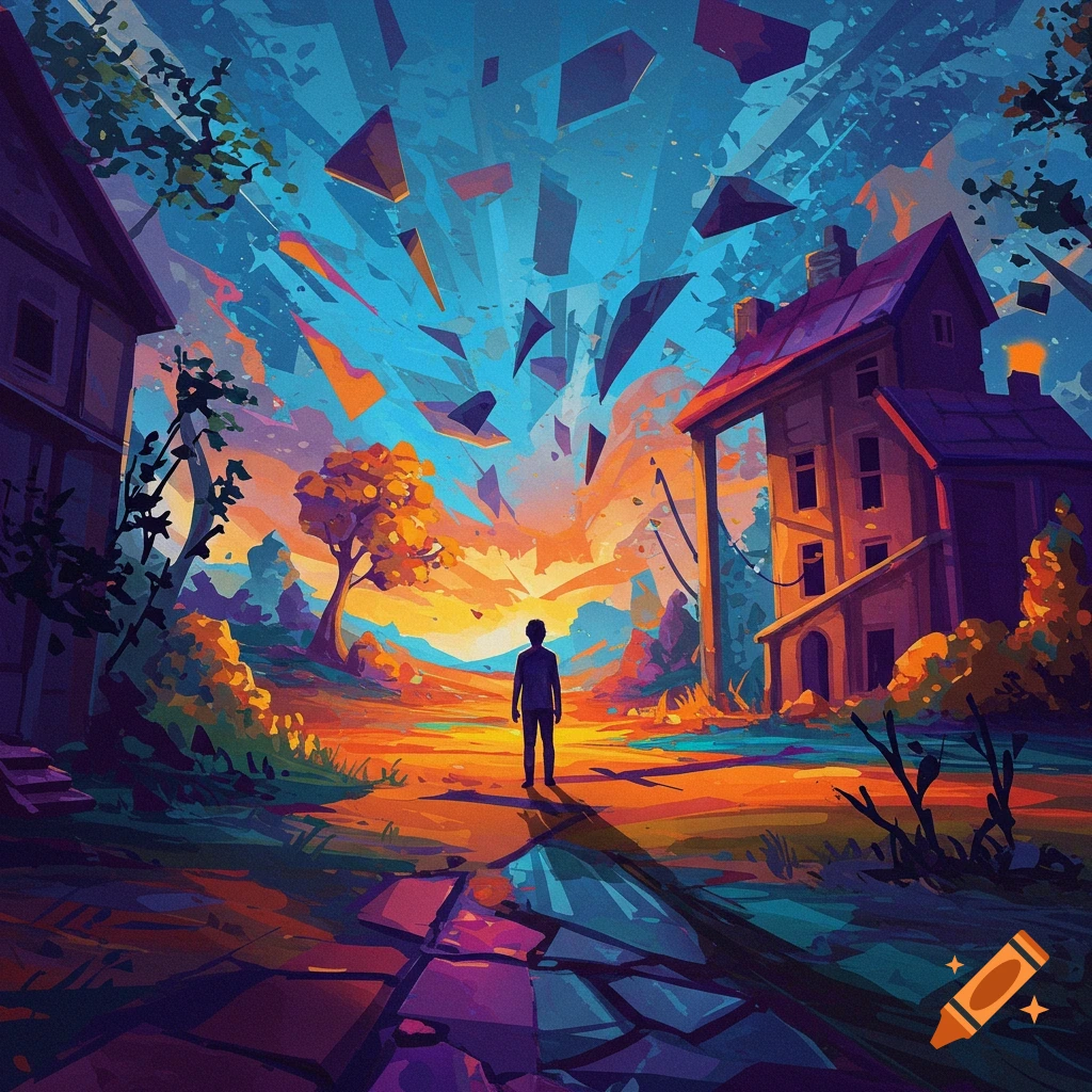 A person in a surreal landscape with floating geometric shapes and buildings at sunset.