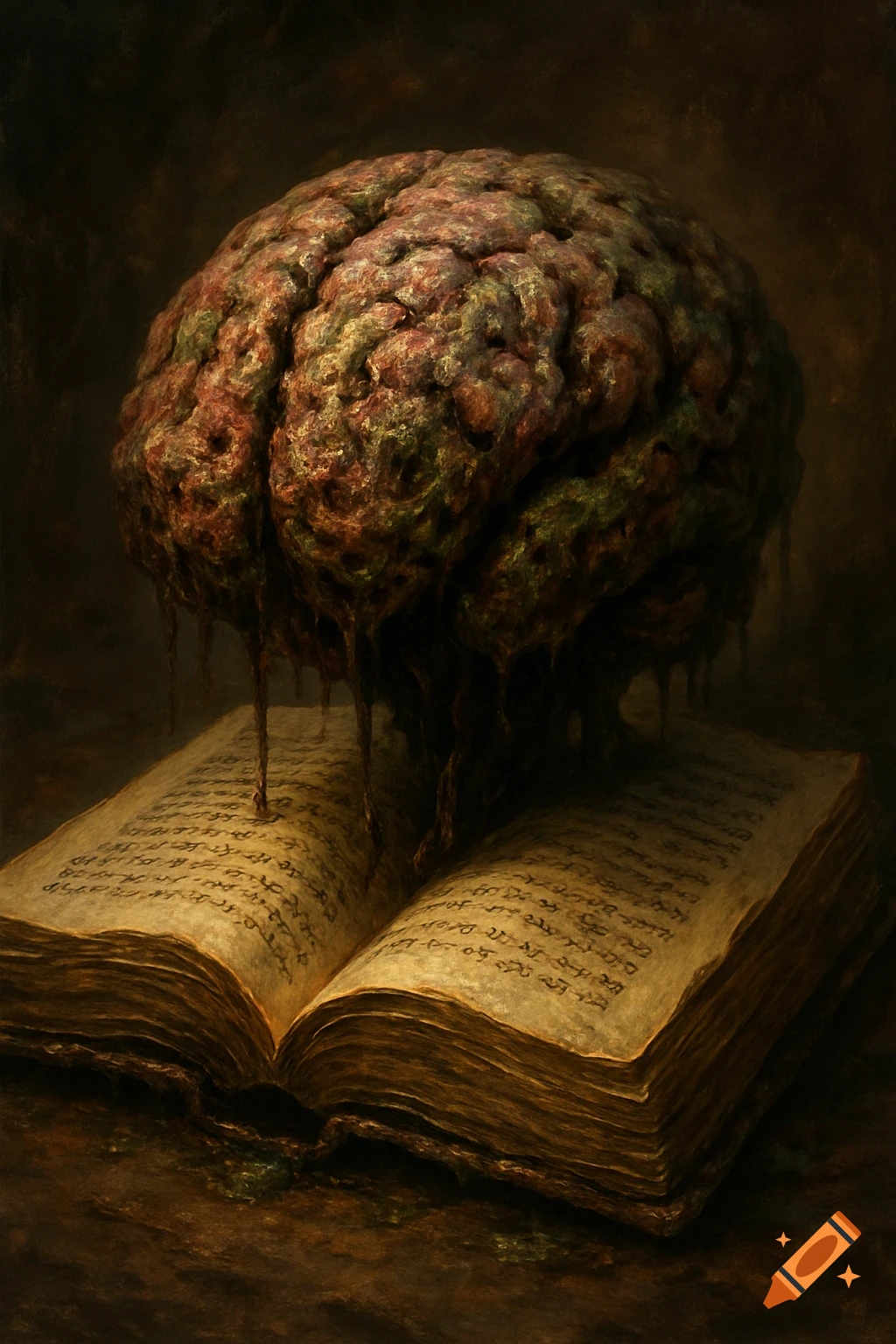 A dripping, decaying brain rests on an open book in a dark, moody setting.