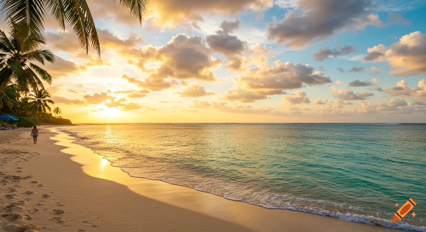 A person walks along a sandy beach at sunset with palm trees and turquoise ocean.