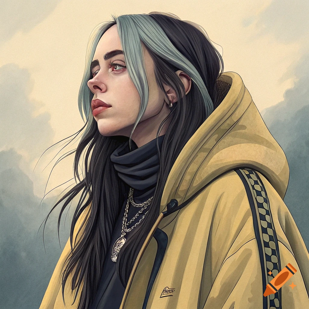 Stylized portrait of a person resembling Billie Eilish in a yellow hoodie and jewelry, looking left.