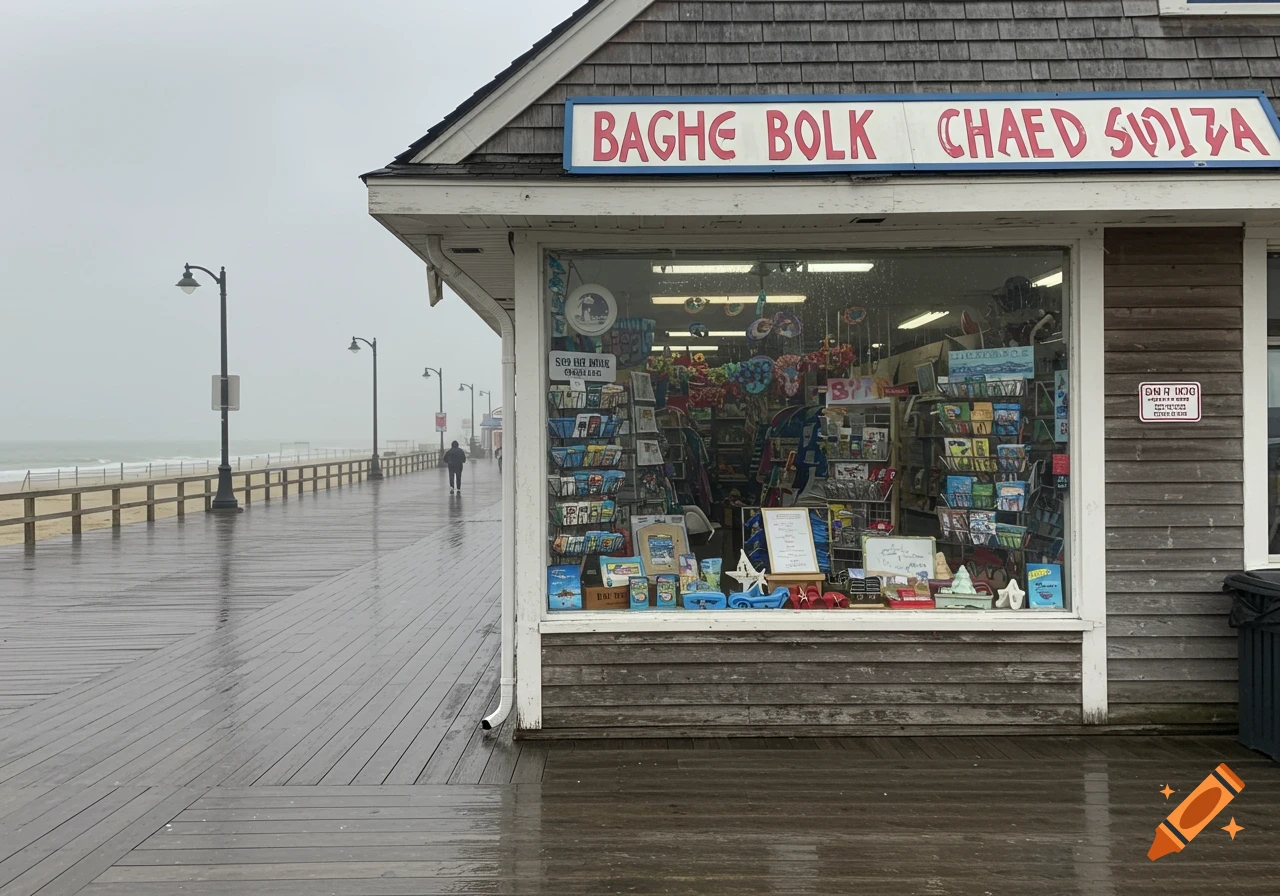 A boardwalk storefront on a rainy day with a person walking in the distance.