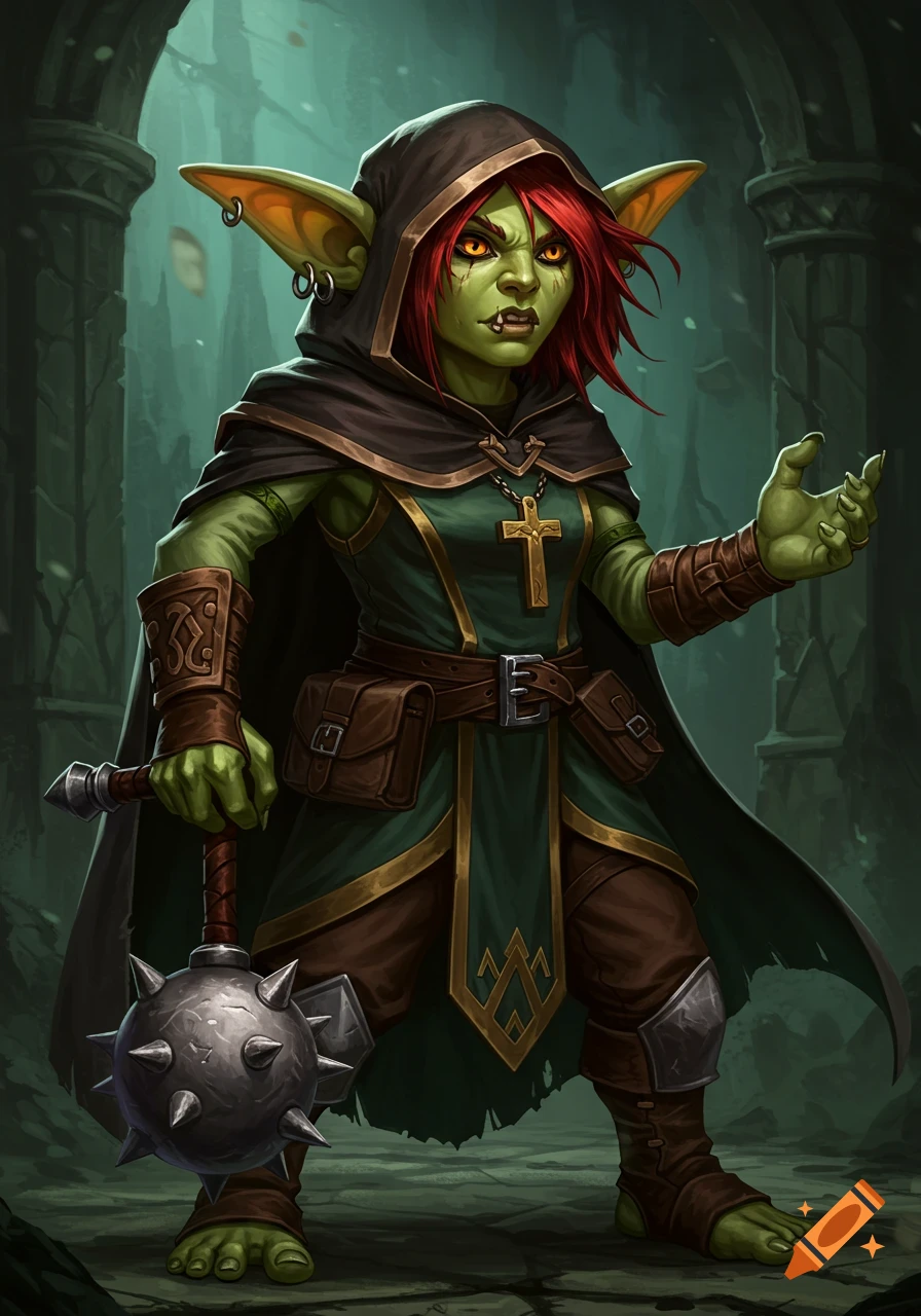 A female goblin cleric in a hooded cloak holding a mace.