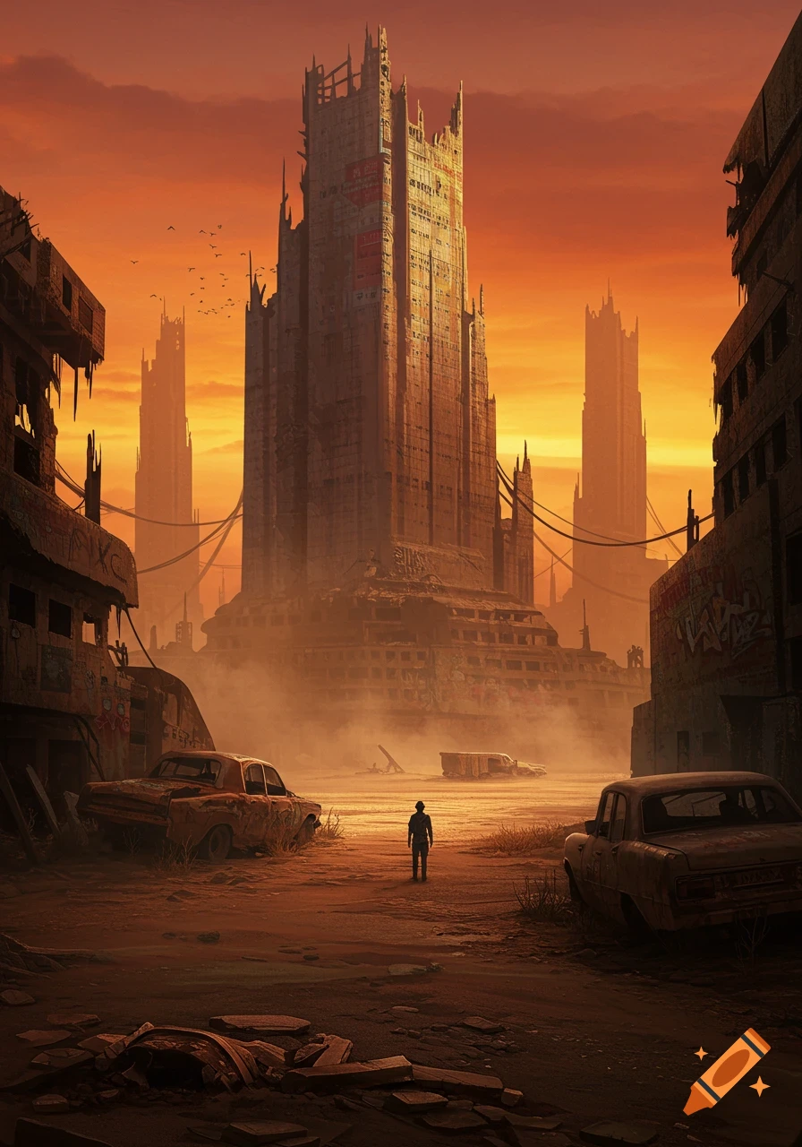 A figure stands in a ruined city street looking at towering destroyed buildings under an orange sky.