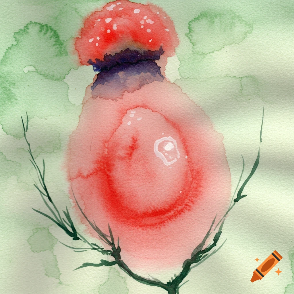 Watercolor painting of a stylized red and purple mushroom or flower bud on dark green branches against a green background.