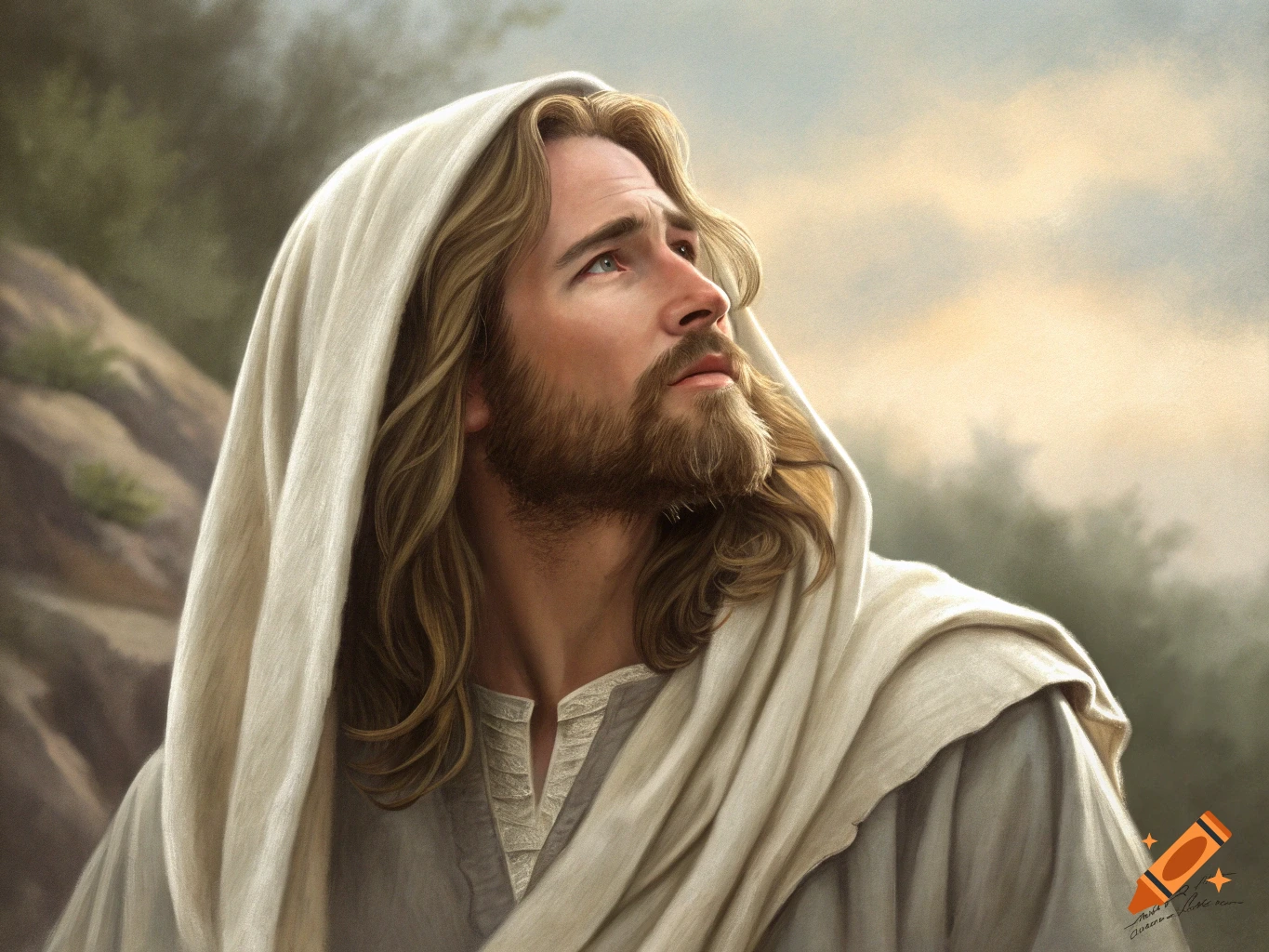 Realistic painting of a man resembling Jesus looking upwards, wrapped in a cloth.