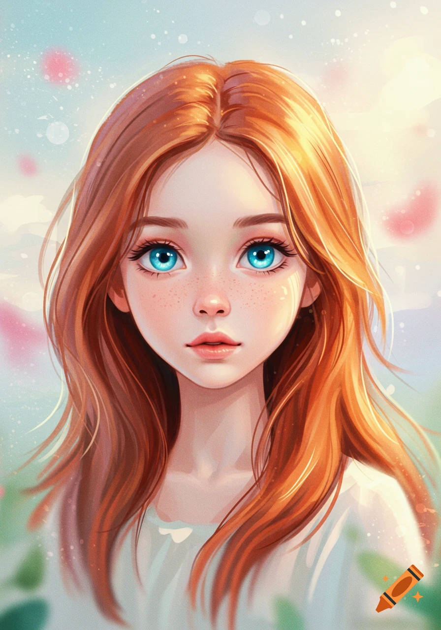 a girl with red hair and bright blue eyes looking forward.