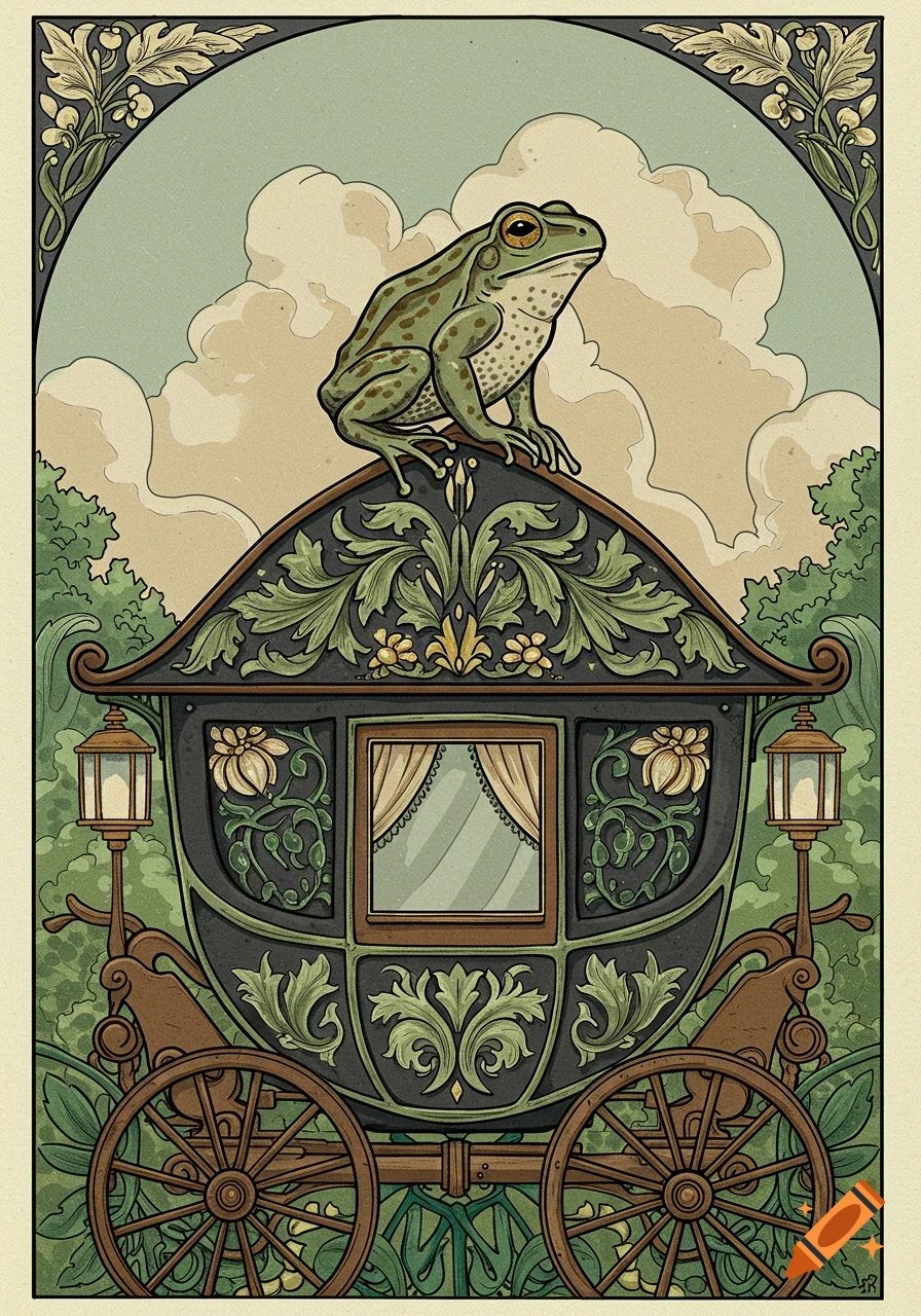 Illustration of a frog perched on a richly decorated carriage, in the style of William Morris.