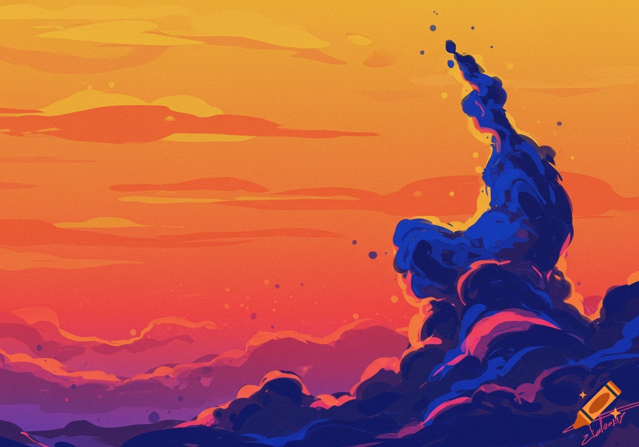Stylized abstract blue and purple clouds under an orange and yellow sunset sky.