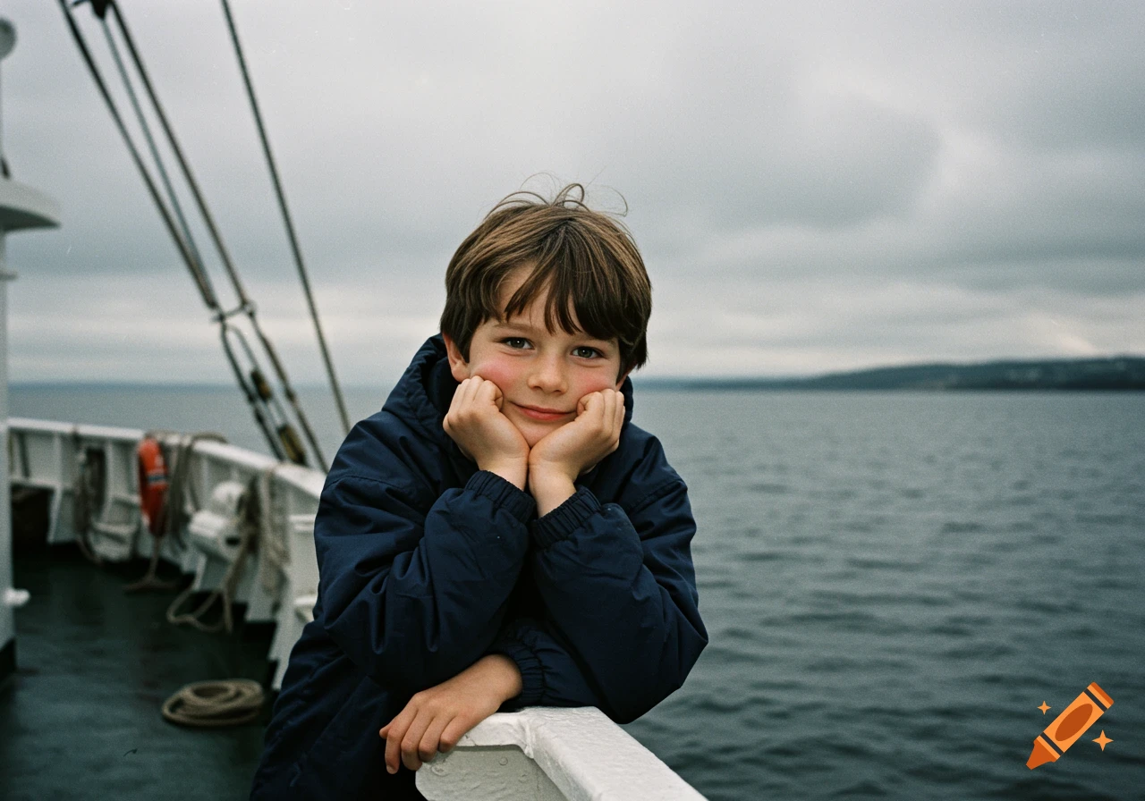 Photo of a boy leaning on the railing of a ship on a cloudy day