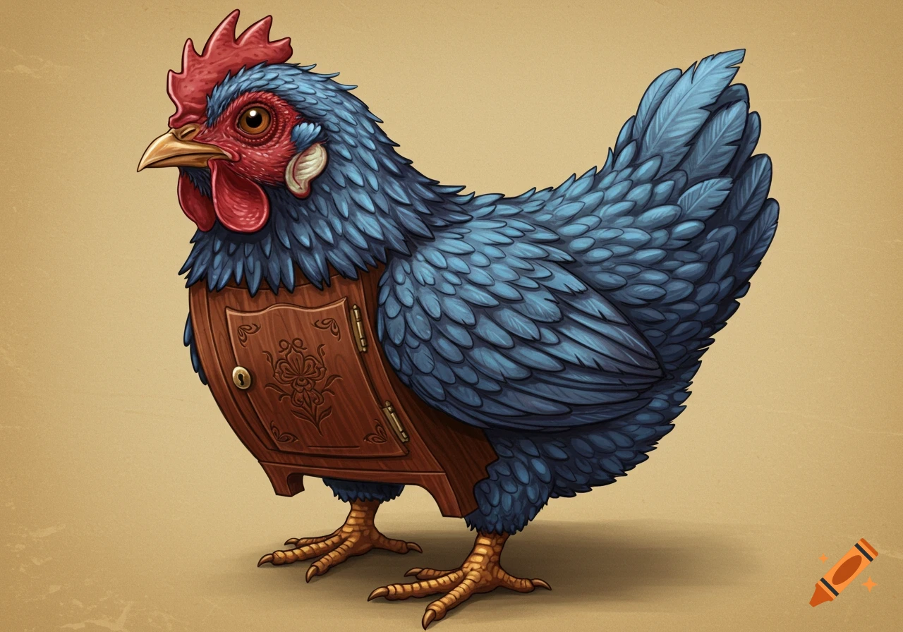 Image of a hybrid creature that is a blue chicken with a wooden cabinet body.