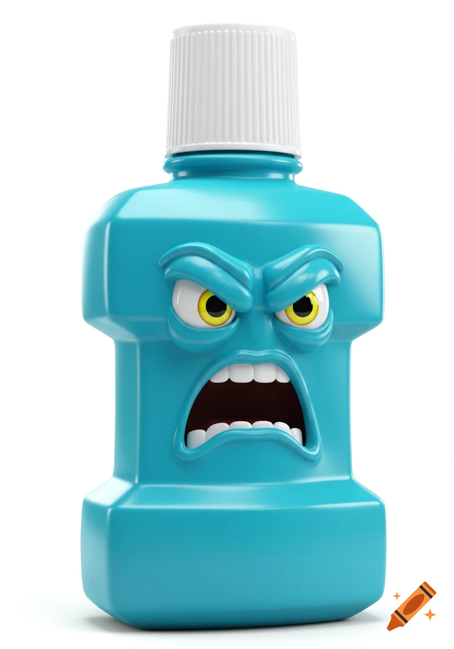 A blue mouthwash bottle with an angry cartoon face and yellow eyes, rendered in 3D.