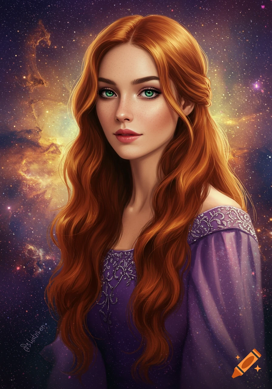 A woman with red hair and green eyes wears a purple dress against a starry cosmic background.