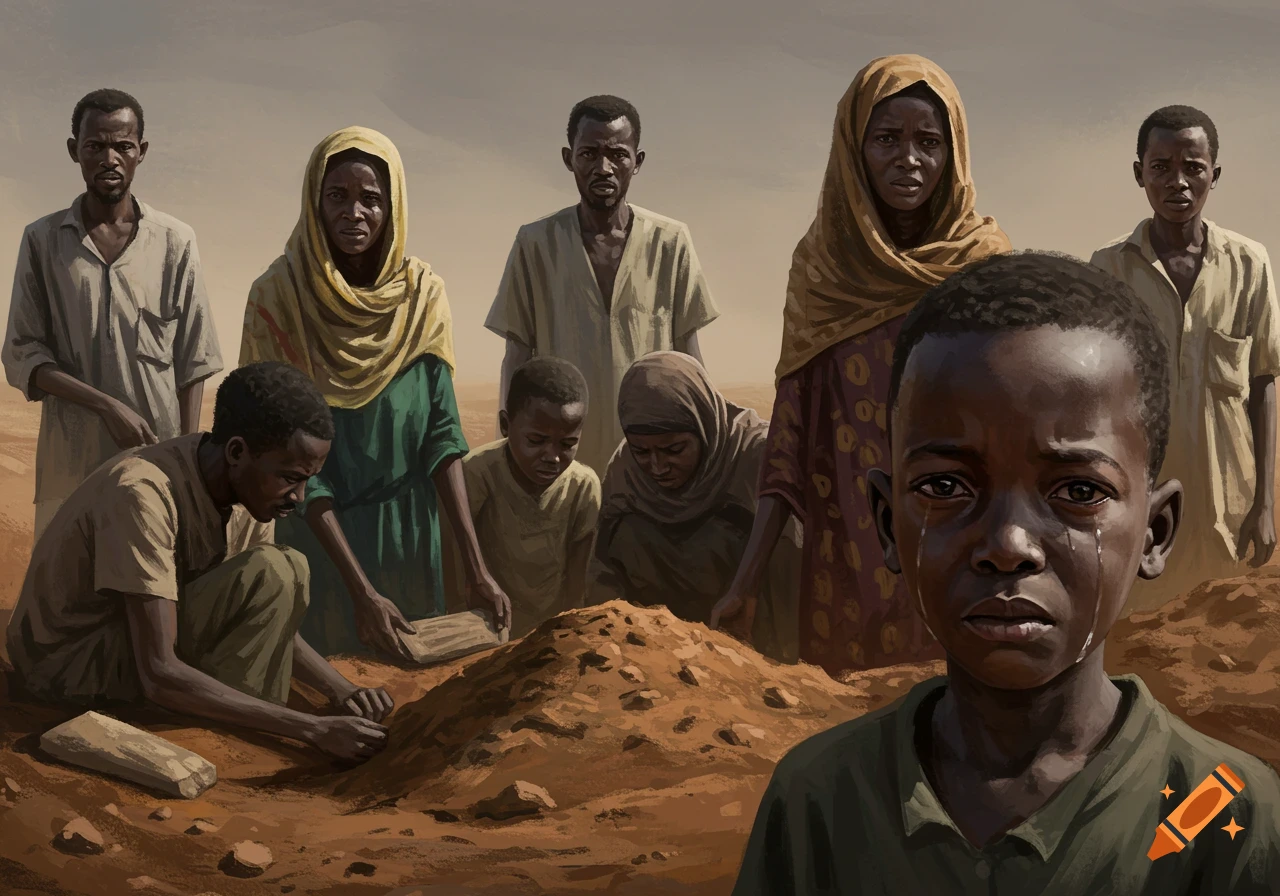 A group of people showing grief during a burial in a desert, with a crying boy in the foreground.