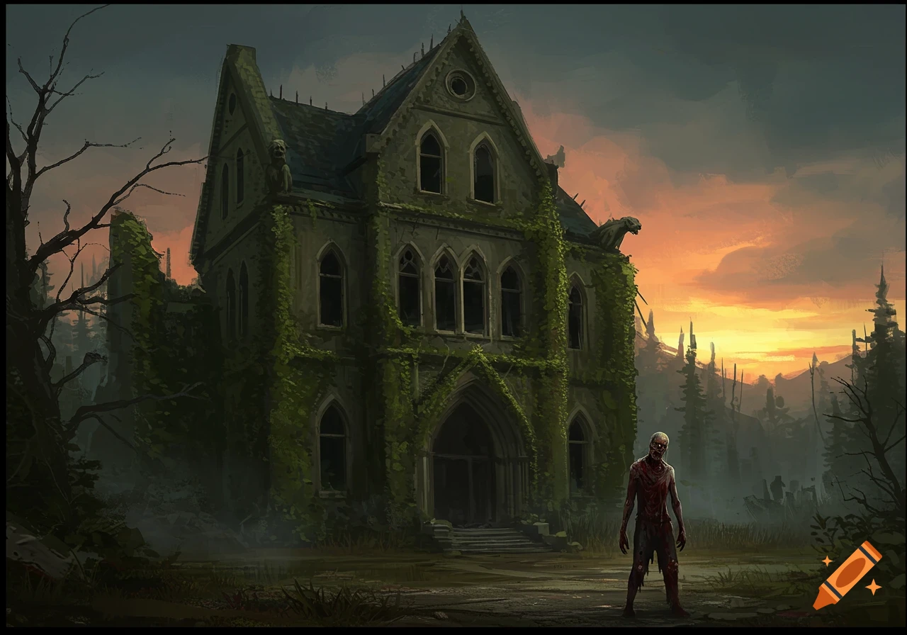 A zombie standing before a ruined gothic building at sunset.