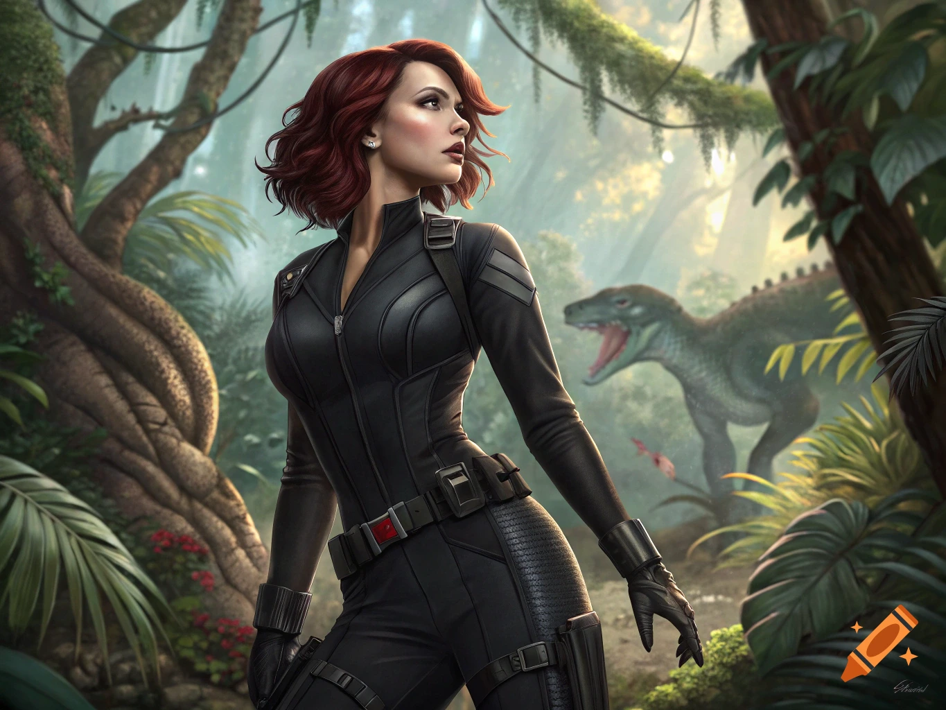 A woman in a tactical suit stands in a jungle with a dinosaur in the background.