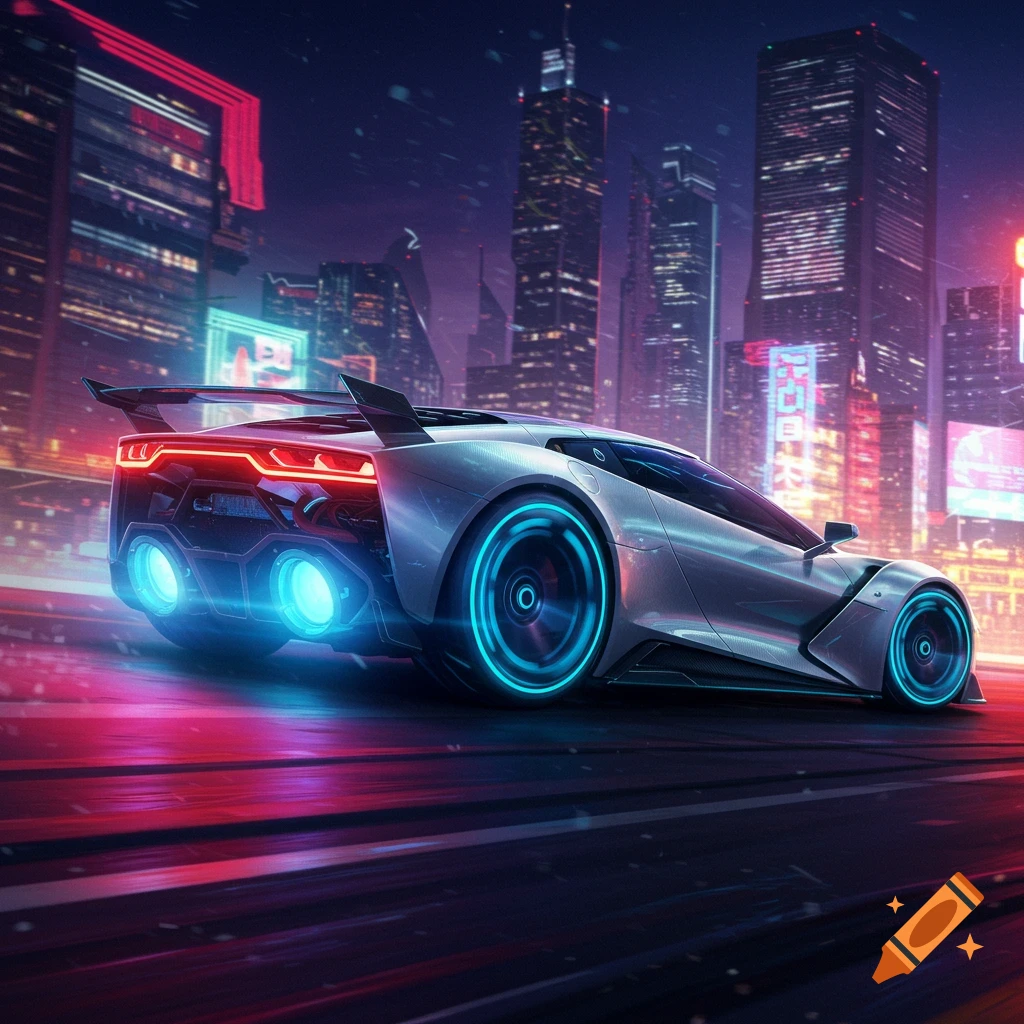 Futuristic car with glowing blue wheels speeding through a neon city at night